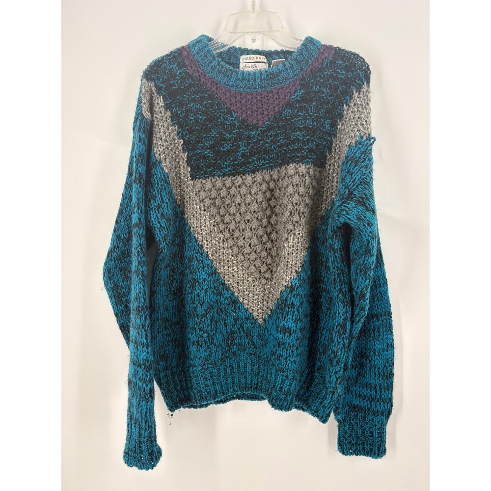 Sears Hand Knit Sweater‎ Men's Medium Blue Black Geometric Pattern Pullover